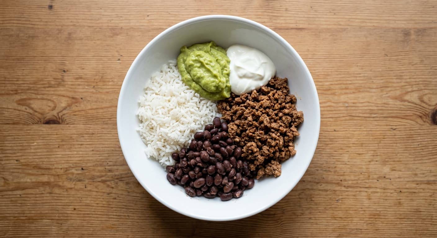 A plate photographed from above: about 150 g of rice, 150 g of black beans, 125 g of seasoned beef mince, two tablespoons of guacamole and two of sour cream.