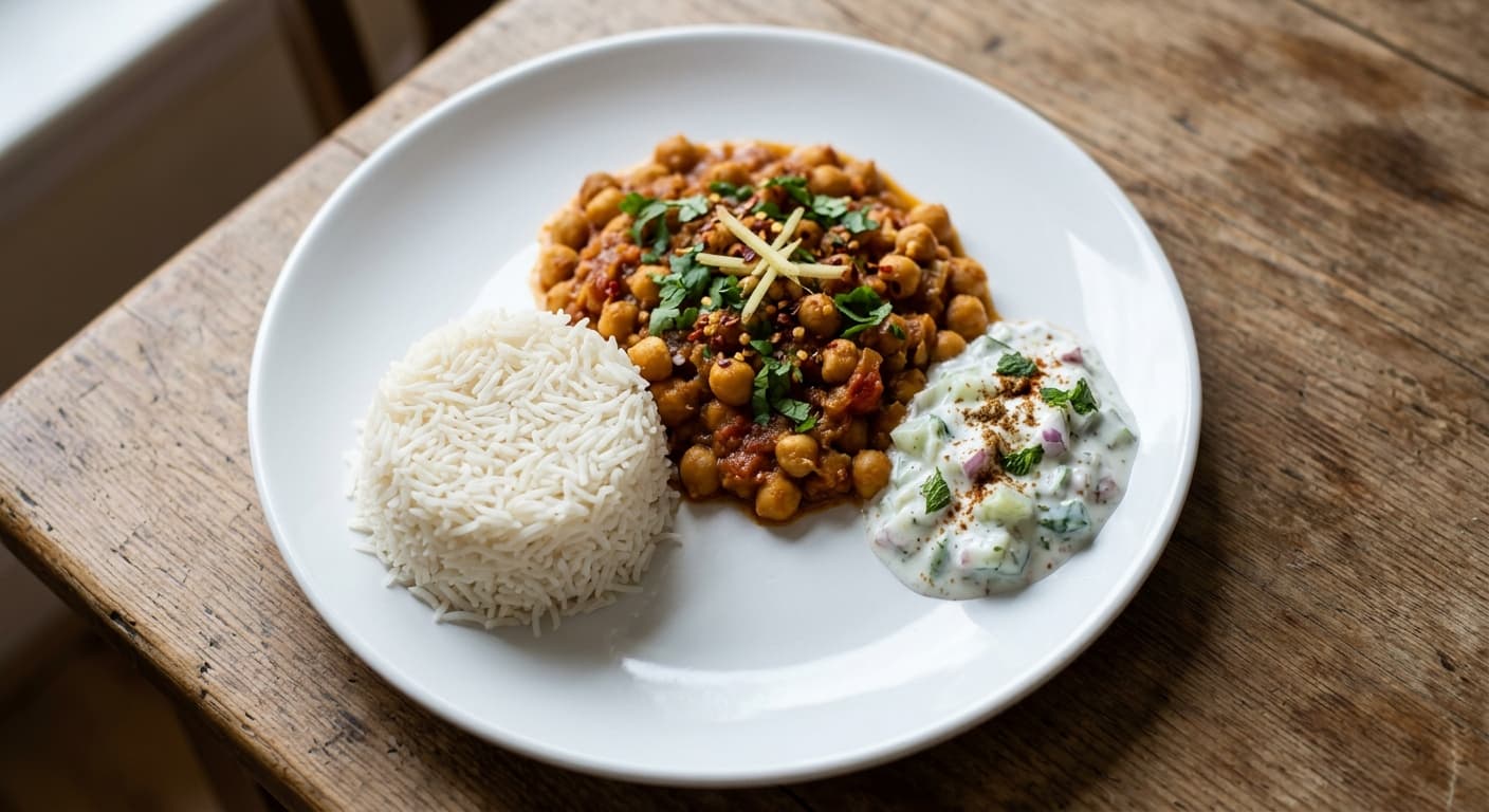 A plate photographed from above: a ladle of chickpea curry, a cupped handful of basmati rice, and three tablespoons of raita.