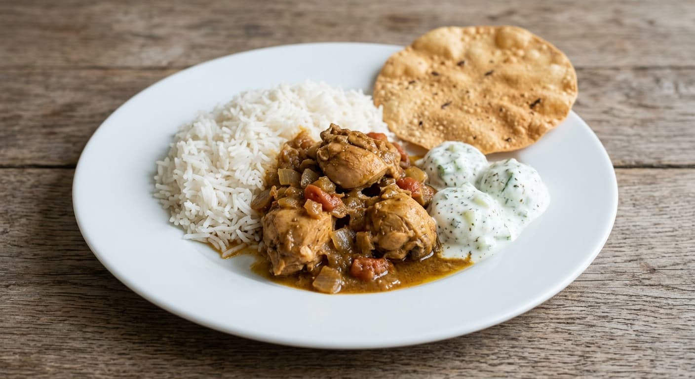A plate photographed from above: a ladle of home-style chicken curry, a cupped handful of white rice, three tablespoons of raita and one fried papadum.