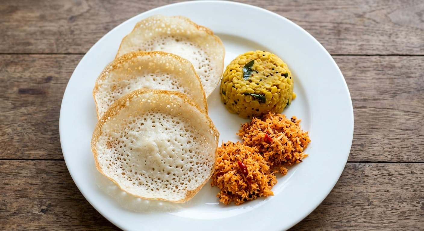 A plate photographed from above: three plain hoppers, a ladle of tempered dhal, and two tablespoons of pol sambol.