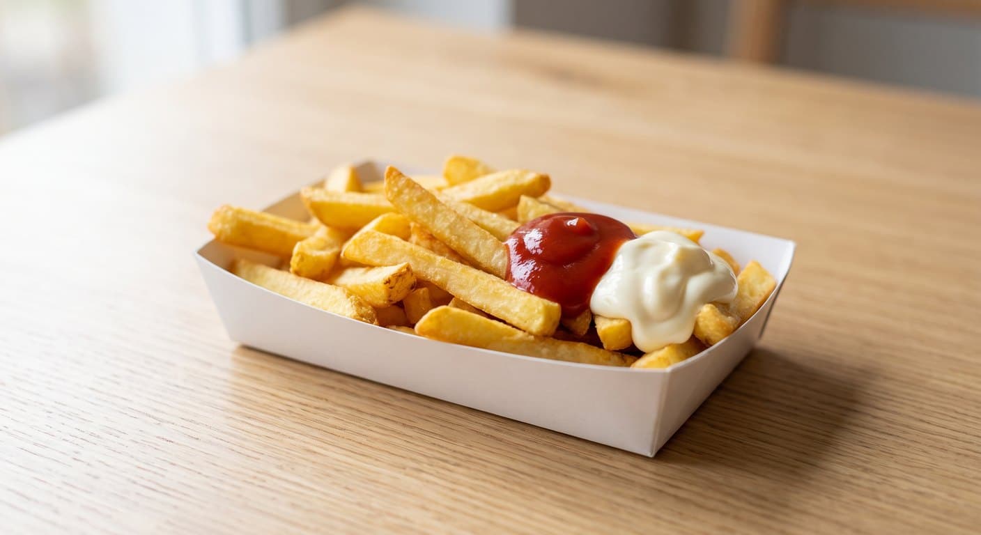Fries in a white paper tray topped with one dollop of ketchup and one of mayonnaise.