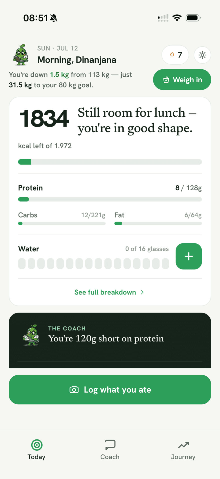 The MyCalorieCoach Today screen showing calories left, macros and a coach note