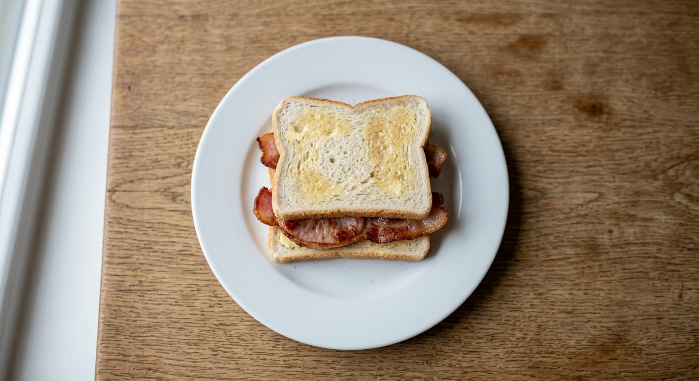 A plate photographed from above: two slices of white bread with butter and two rashers of grilled back bacon.