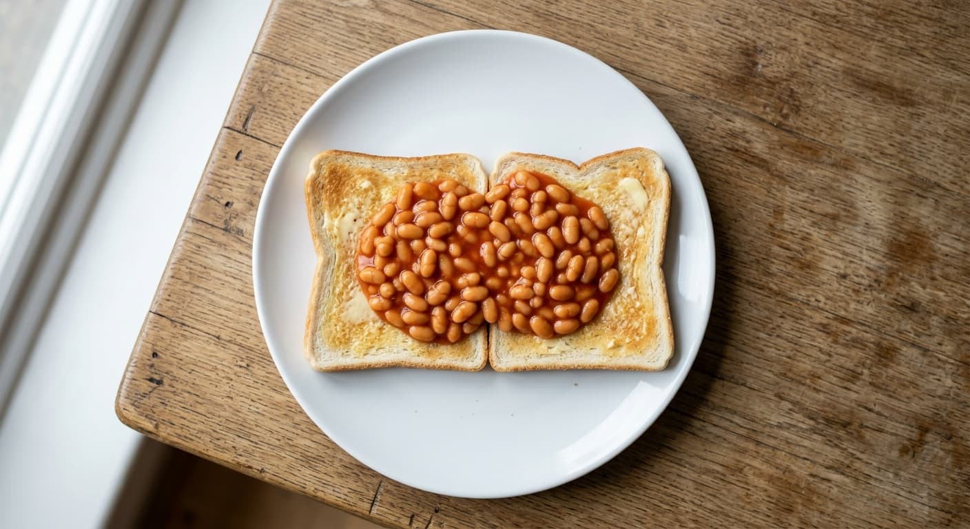 A plate photographed from above: two slices of white toast with butter, and half a standard tin of baked beans.
