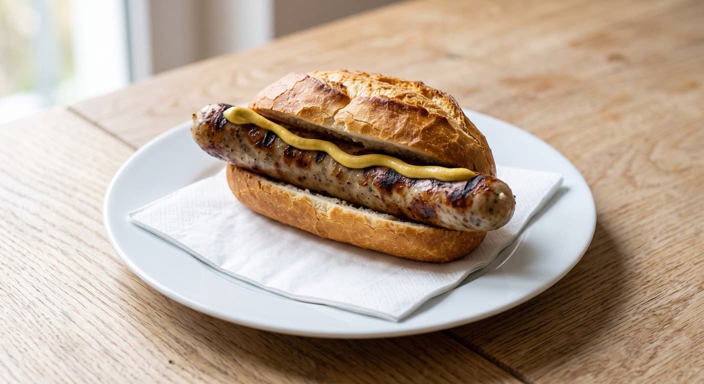 A grilled bratwurst in a crusty white roll with a line of mustard, on a napkin on a white plate.