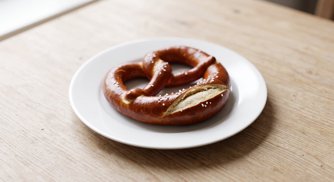 Eine Laugenbrezel mit grobem Salz auf einem weißen Teller.