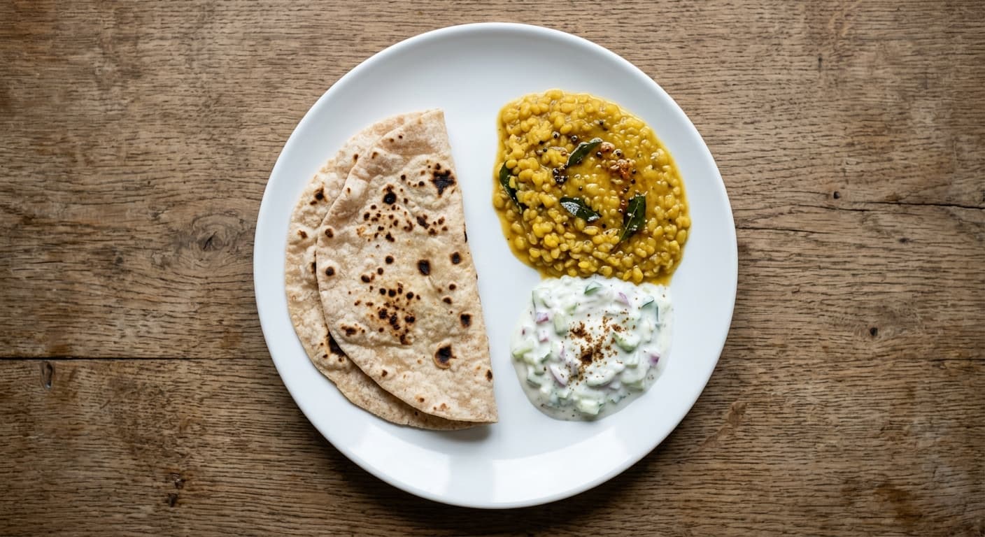 A plate photographed from above: two chapatis made from about 30 g of atta each, a ladle of tempered dal, and three tablespoons of raita.