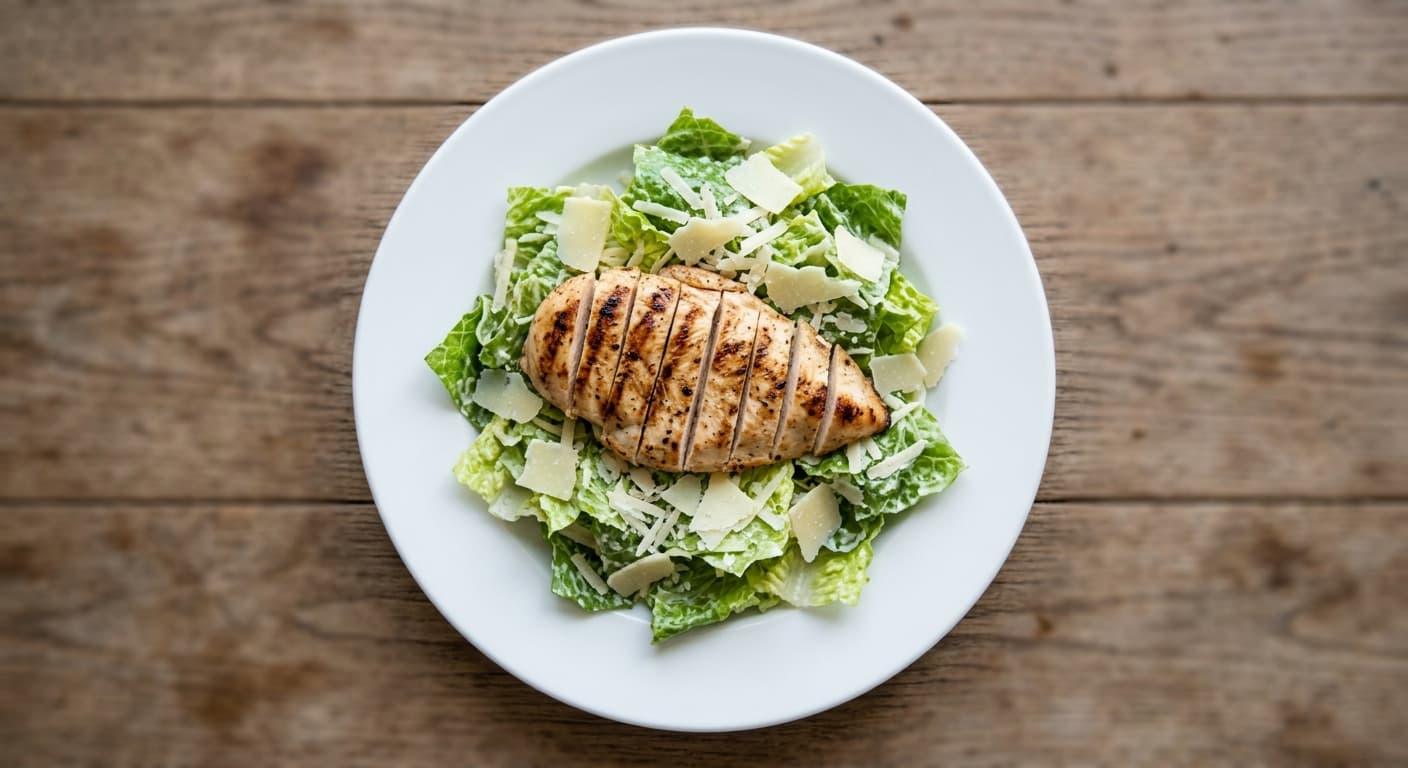 A plate photographed from above: one grilled chicken breast sliced, about 100 g of dressed leaves, and a handful of cheese.