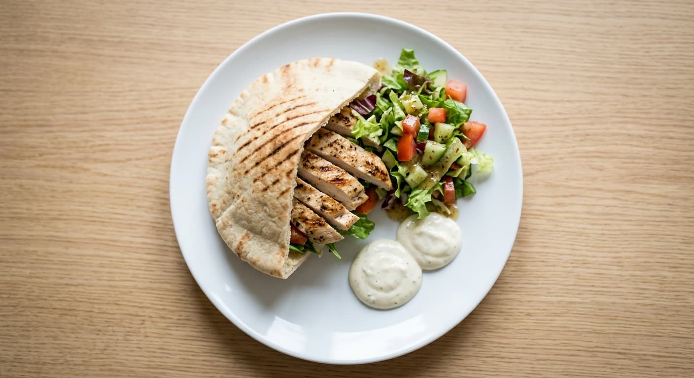 A plate photographed from above: one large pita, a grilled chicken breast sliced, a portion of dressed salad and two tablespoons of garlic sauce.