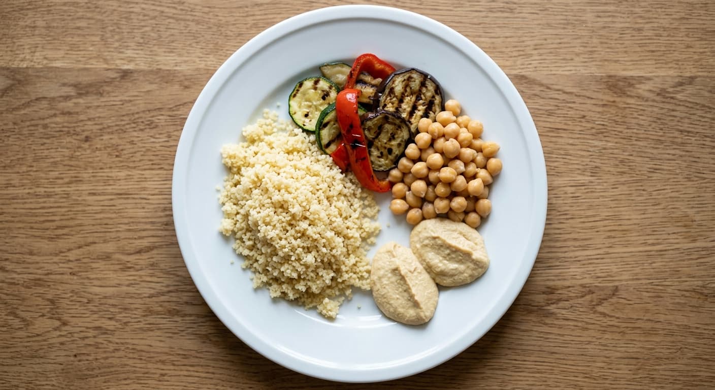 A plate photographed from above: about 150 g of cooked couscous, a ladle of chickpeas, a portion of grilled vegetables and two tablespoons of hummus.