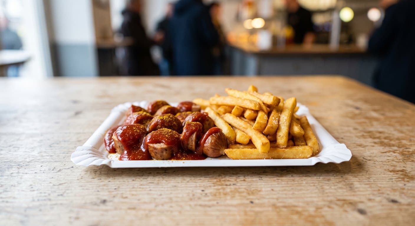 Currywurst with fries on a white paper tray: a sliced grilled sausage under red curry ketchup and curry powder, next to a portion of fries.