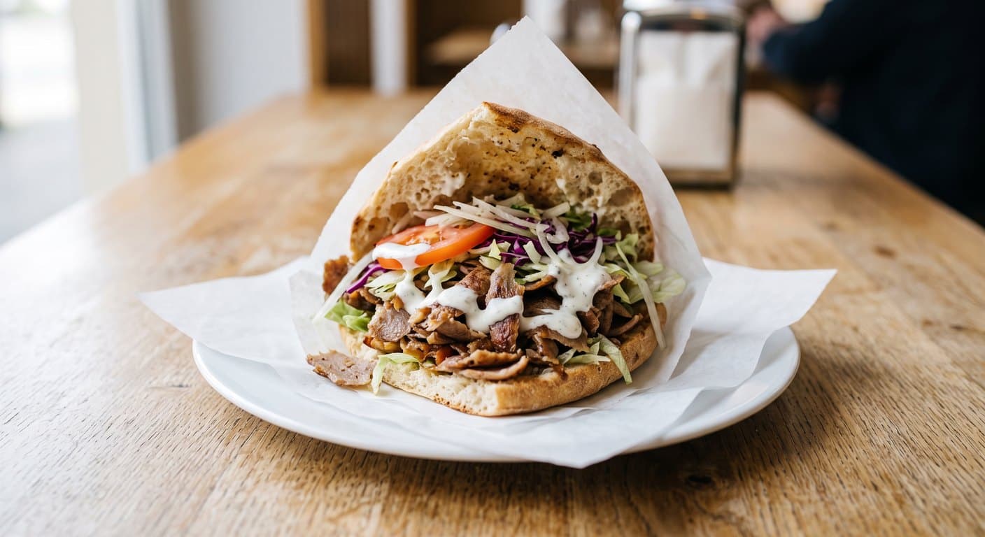 A döner kebab in a quarter of Turkish flatbread on wax paper: shaved veal and beef, lettuce, tomato, red cabbage, onion and white yoghurt garlic sauce.