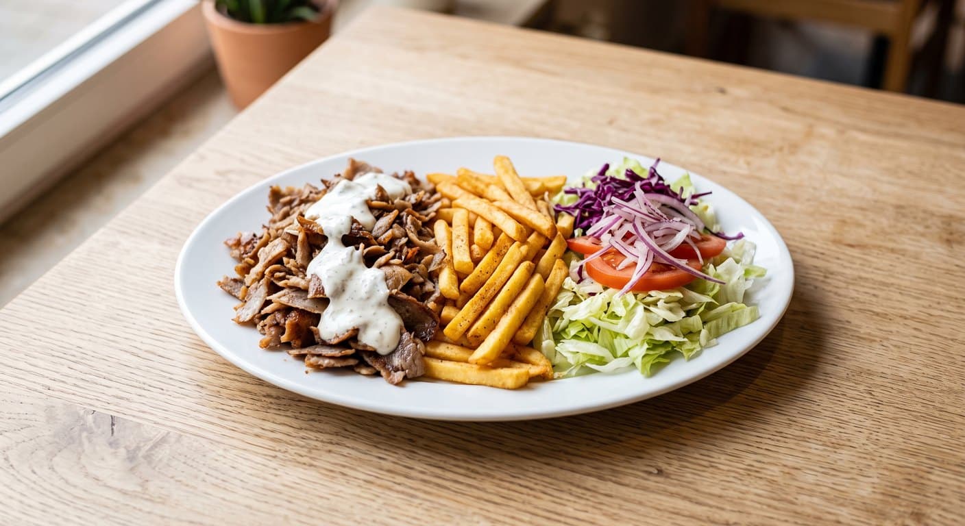 Ein Dönerteller: Dönerfleisch mit Knoblauchsoße, eine Portion Pommes und Salat mit Tomate, Rotkohl und Zwiebeln auf einem Teller.