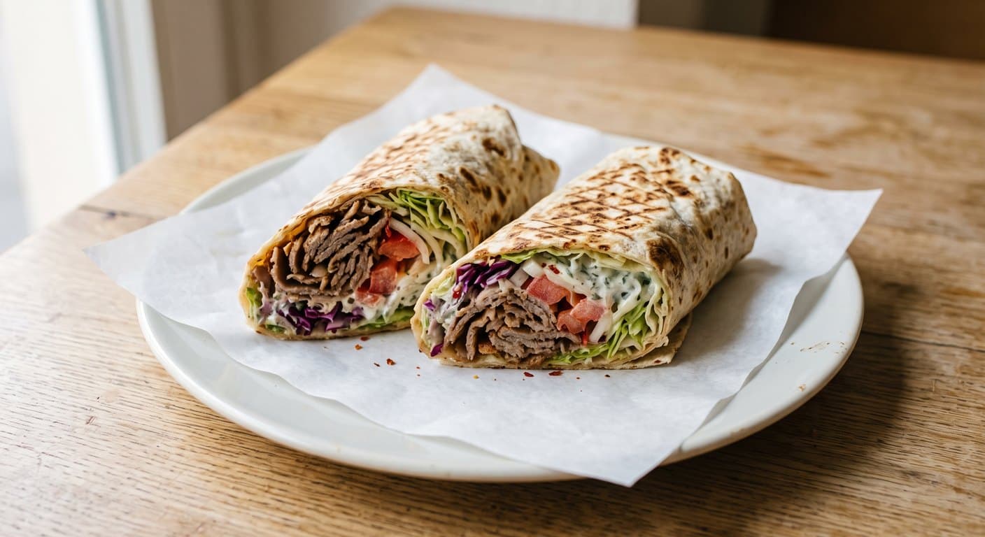 Ein halbierter Dürüm auf Wachspapier mit Dönerfleisch, Salat, Tomate, Rotkohl und weißer Soße im dünnen Yufka-Fladen.