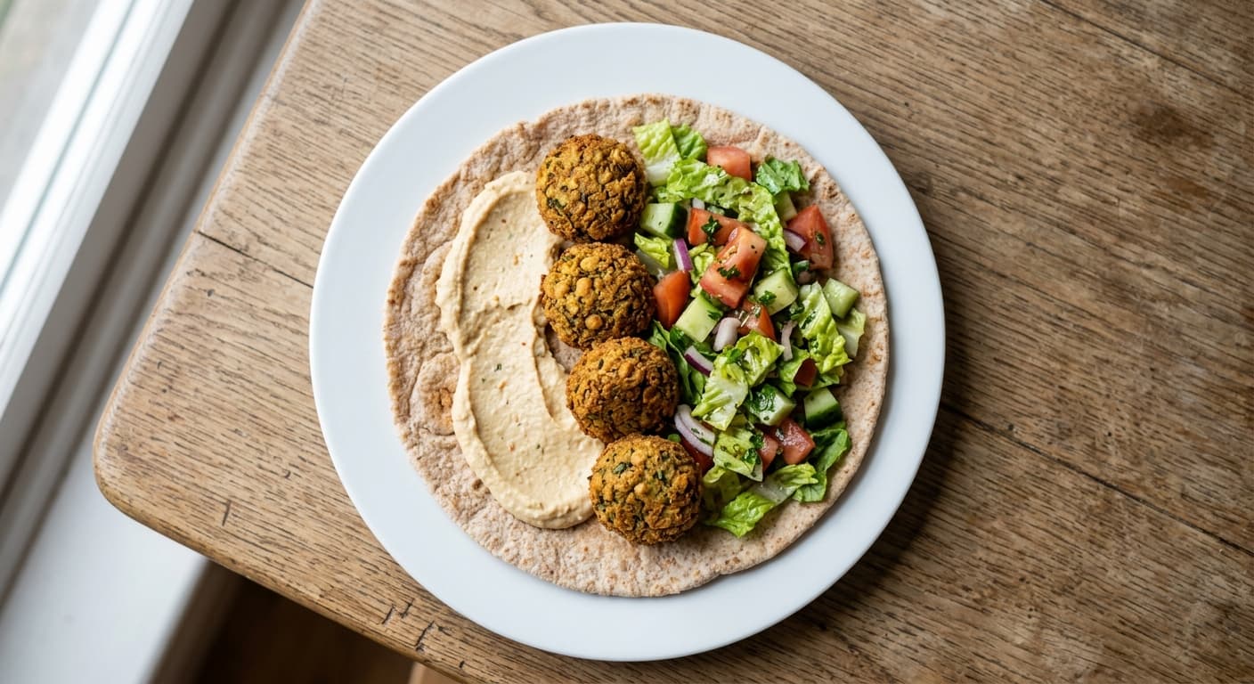 A plate photographed from above: one large pita, four falafel, two tablespoons of hummus and a portion of dressed salad.