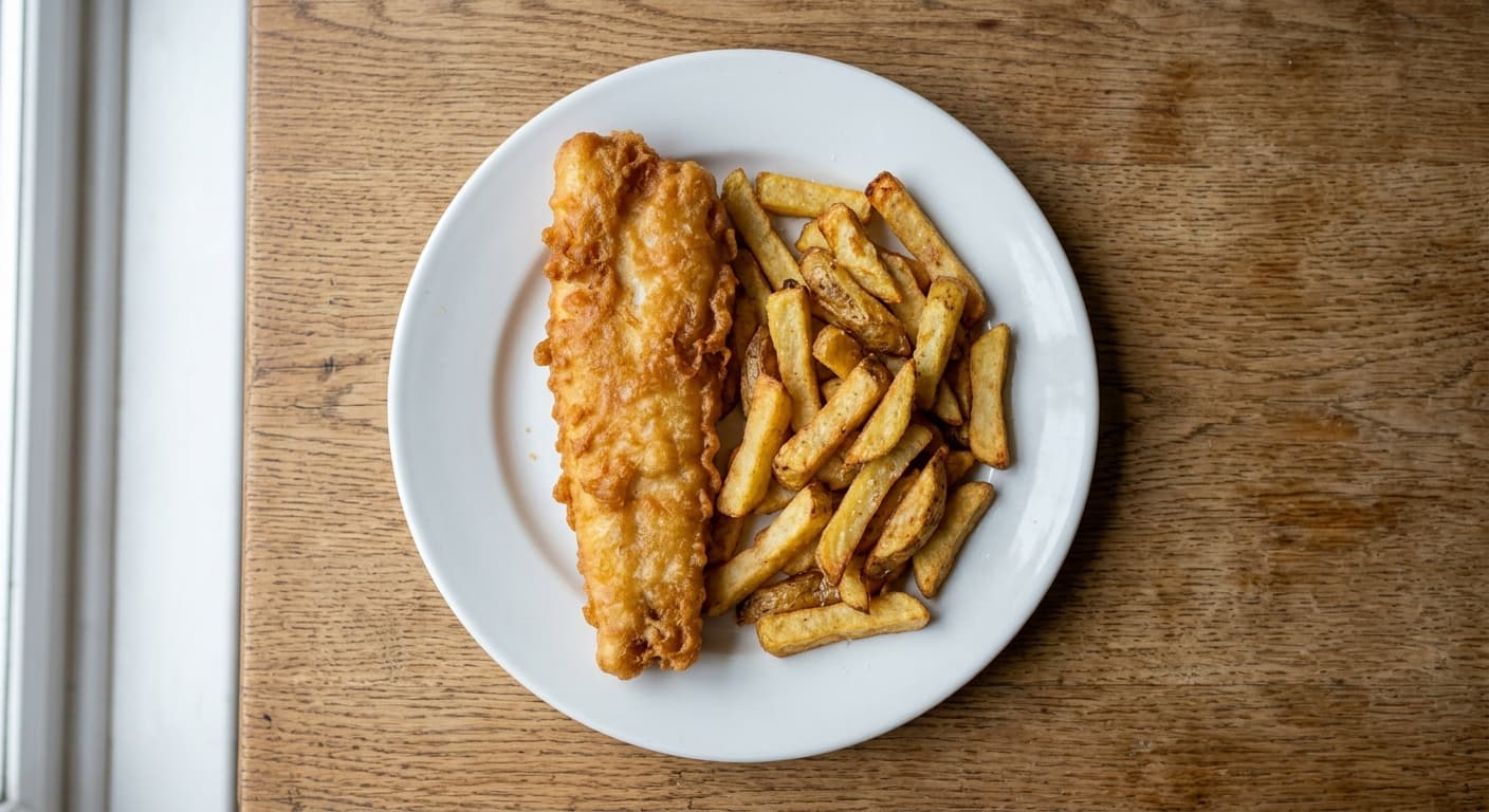 A plate photographed from above: one battered fish fillet and about 150 g of oven-baked chips.