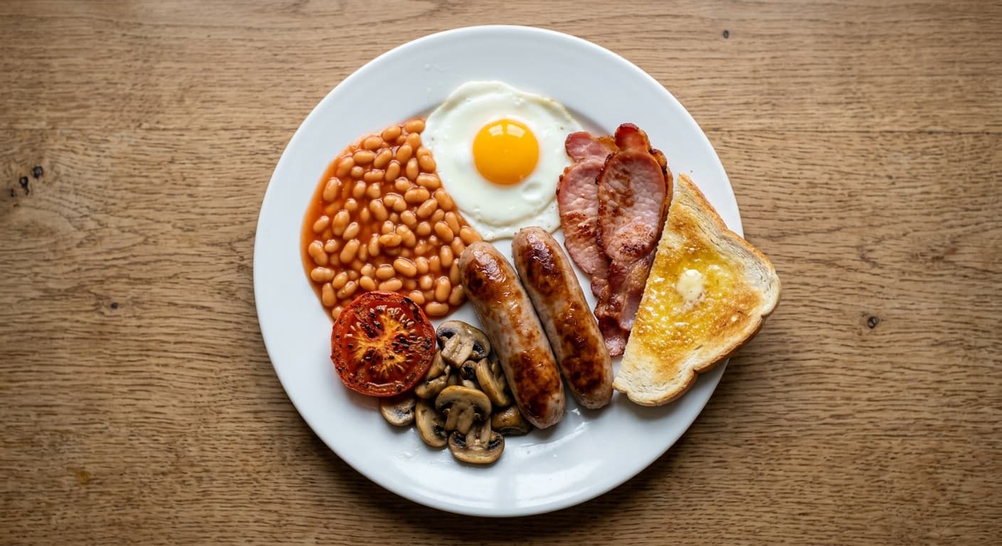 A plate photographed from above: two pork sausages, two rashers of back bacon, one egg, half a tin of beans, grilled tomato and mushrooms, and a slice of toast with butter.