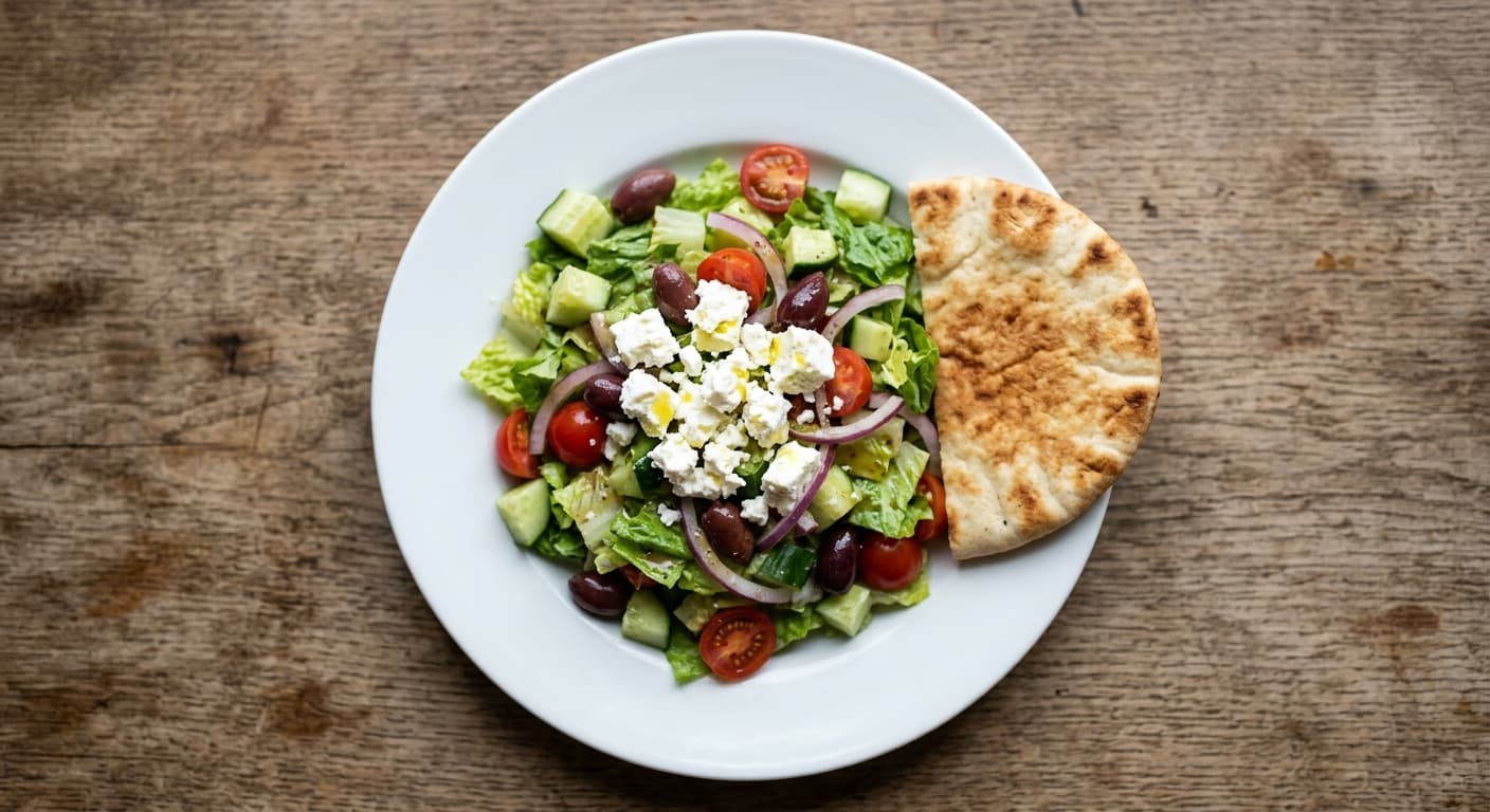 A plate photographed from above: a dressed salad, a handful of crumbled cheese, a drizzle of olive oil and one pita.