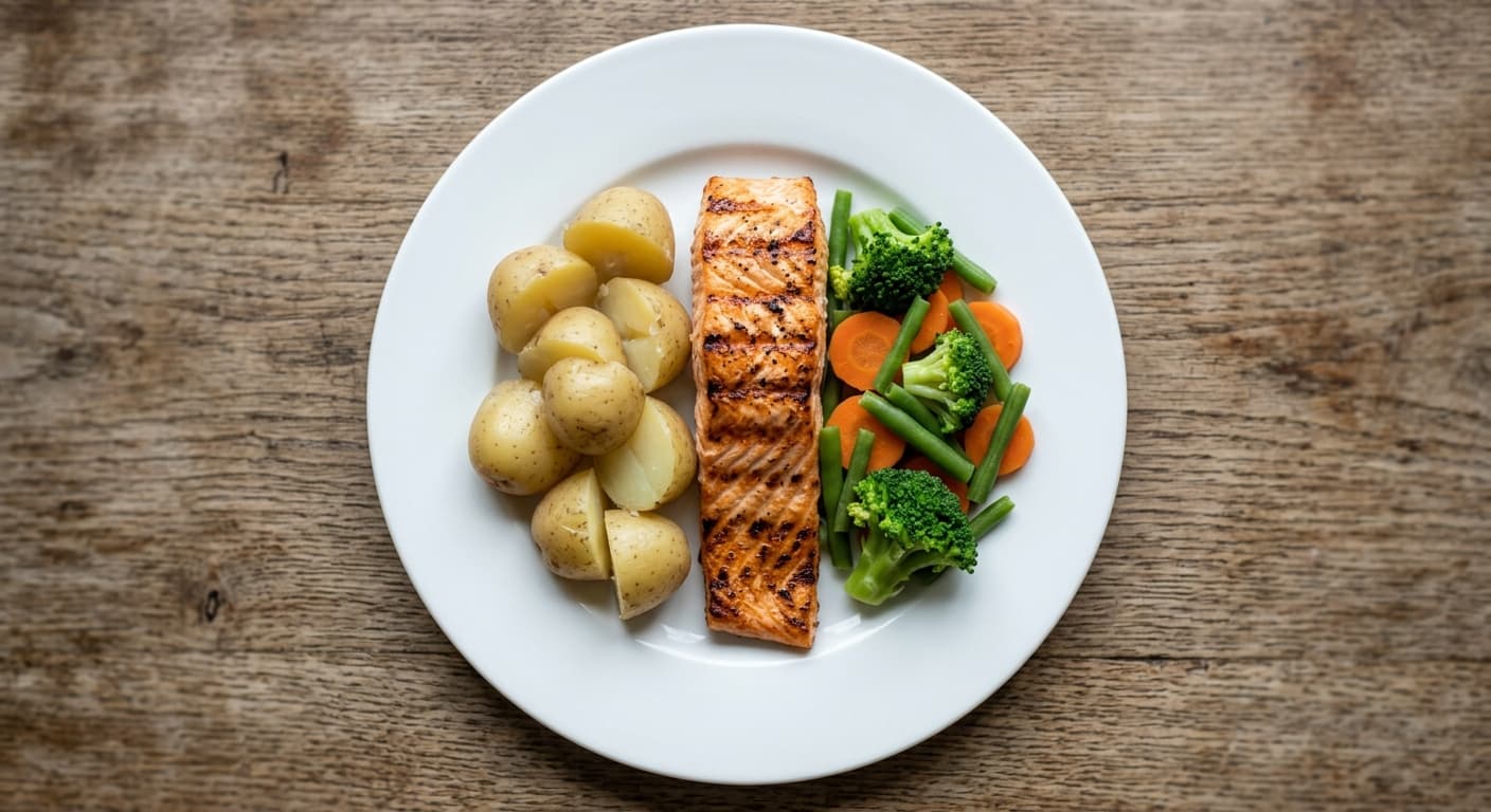 A plate photographed from above: one salmon fillet of about 130 g cooked, 180 g of boiled potatoes and a serving of boiled vegetables.