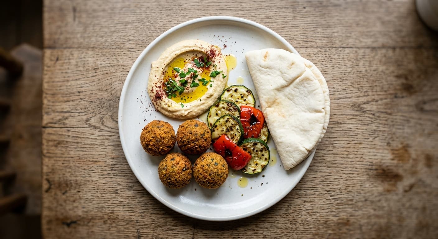 A plate photographed from above: two tablespoons of hummus, four falafel, a portion of grilled vegetables, one pita and a drizzle of olive oil.