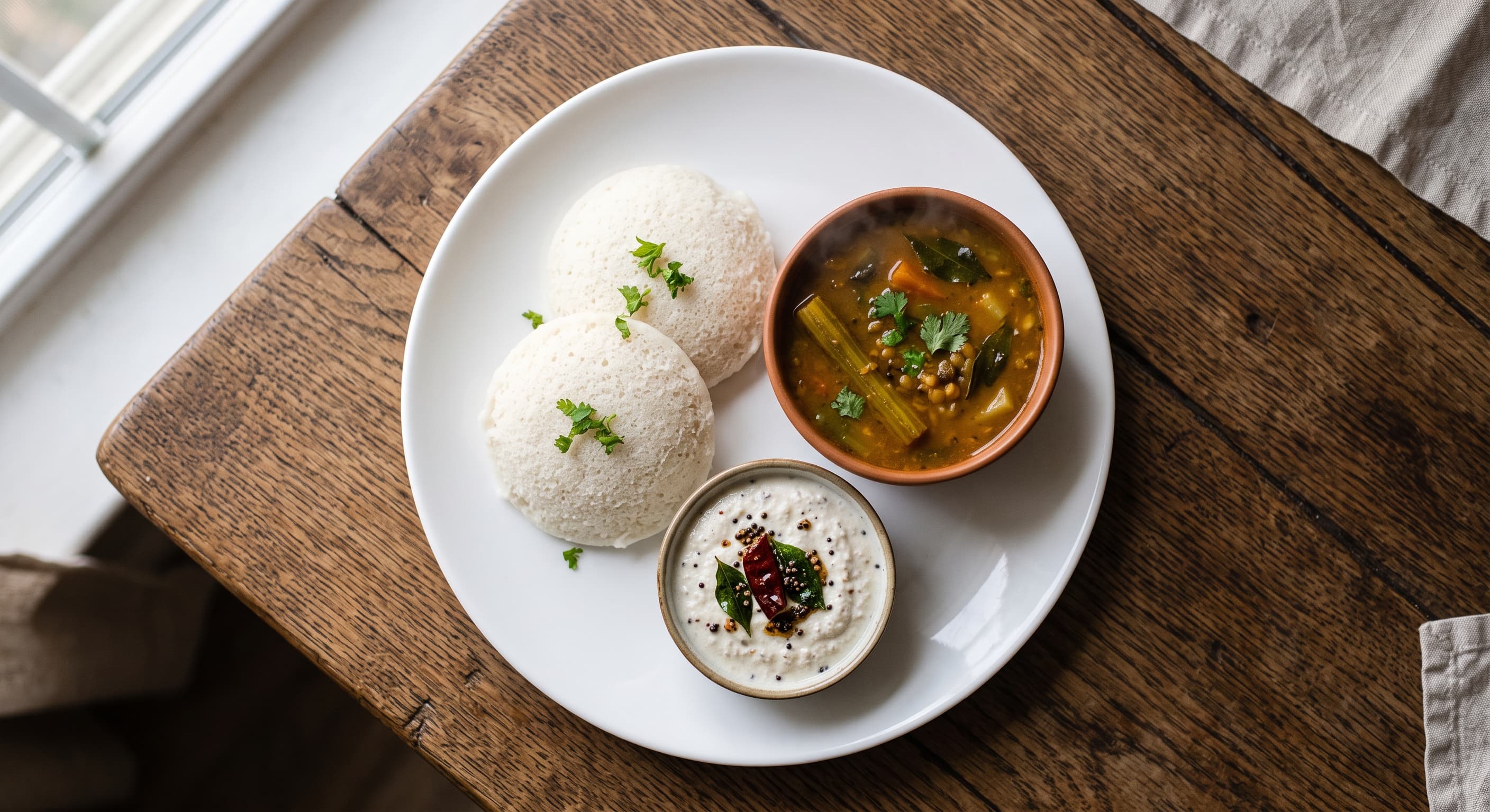 Two steamed idli on a white plate with a bowl of sambar and a bowl of coconut chutney with a mustard seed tempering.