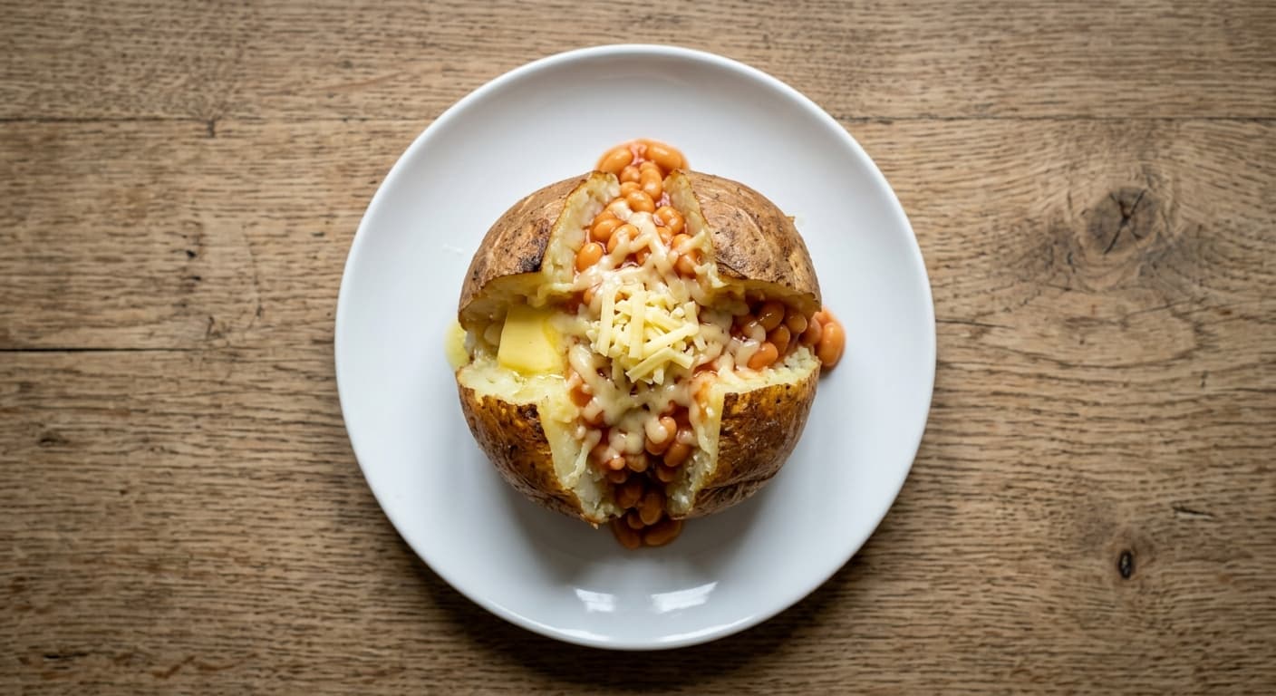 A plate photographed from above: one large baked potato, half a tin of beans, a handful of grated cheese and a knob of butter.