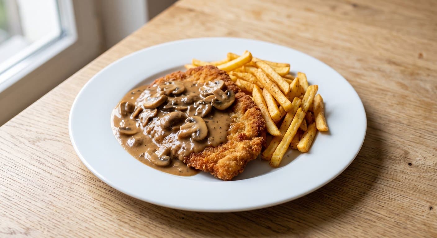 A breaded schnitzel under creamy mushroom sauce, with a portion of fries on a white plate.
