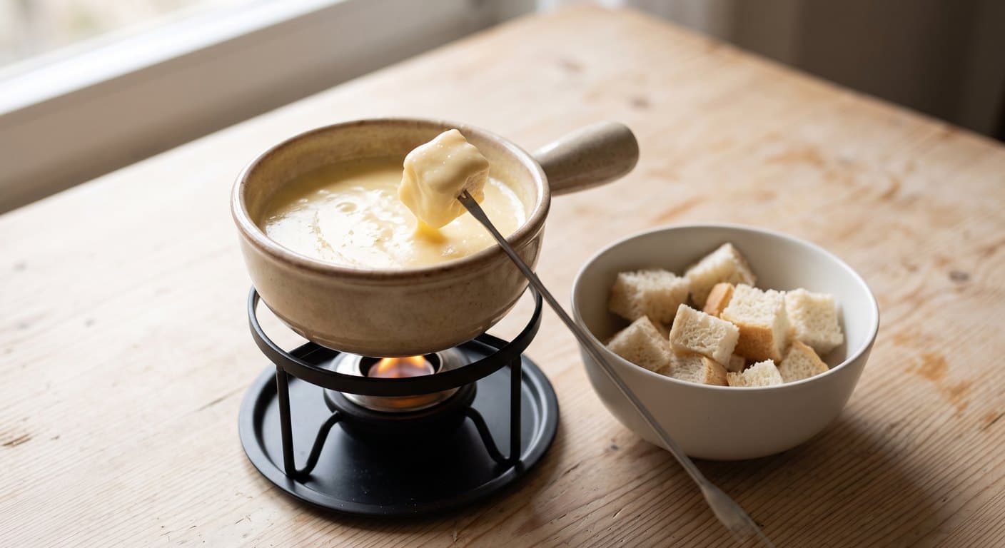 A small fondue pot of melted cheese on a burner, a bowl of bread cubes and one fondue fork with a dipped cube.