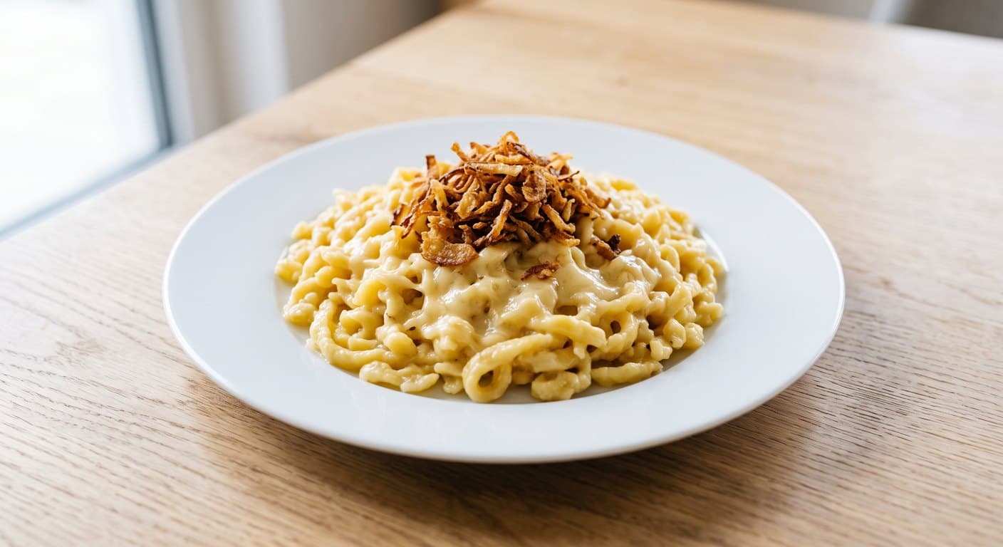 A plate of Käsespätzle with melted cheese, topped with crispy fried onions.