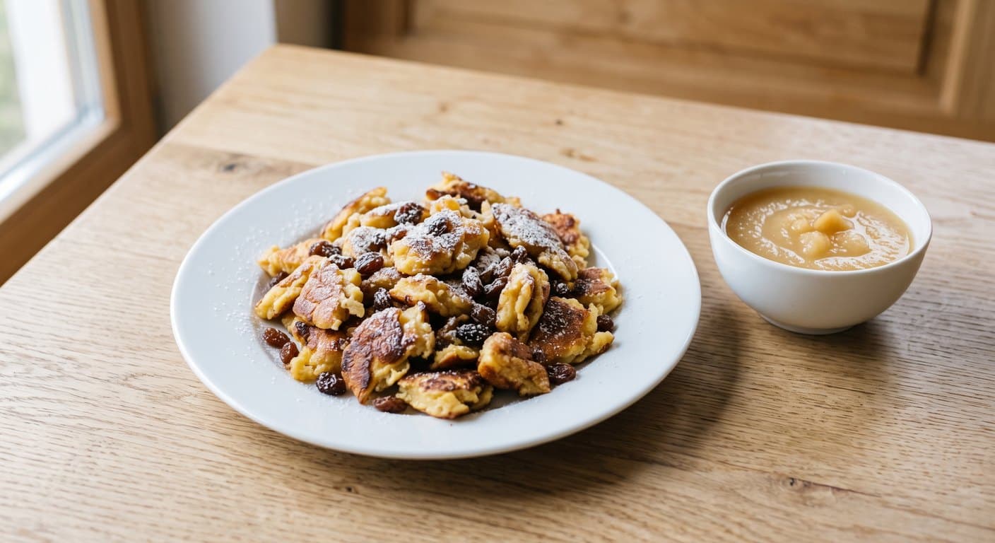 A plate of Kaiserschmarrn, torn caramelised pancake with raisins and a dusting of icing sugar, with a small bowl of apple sauce.