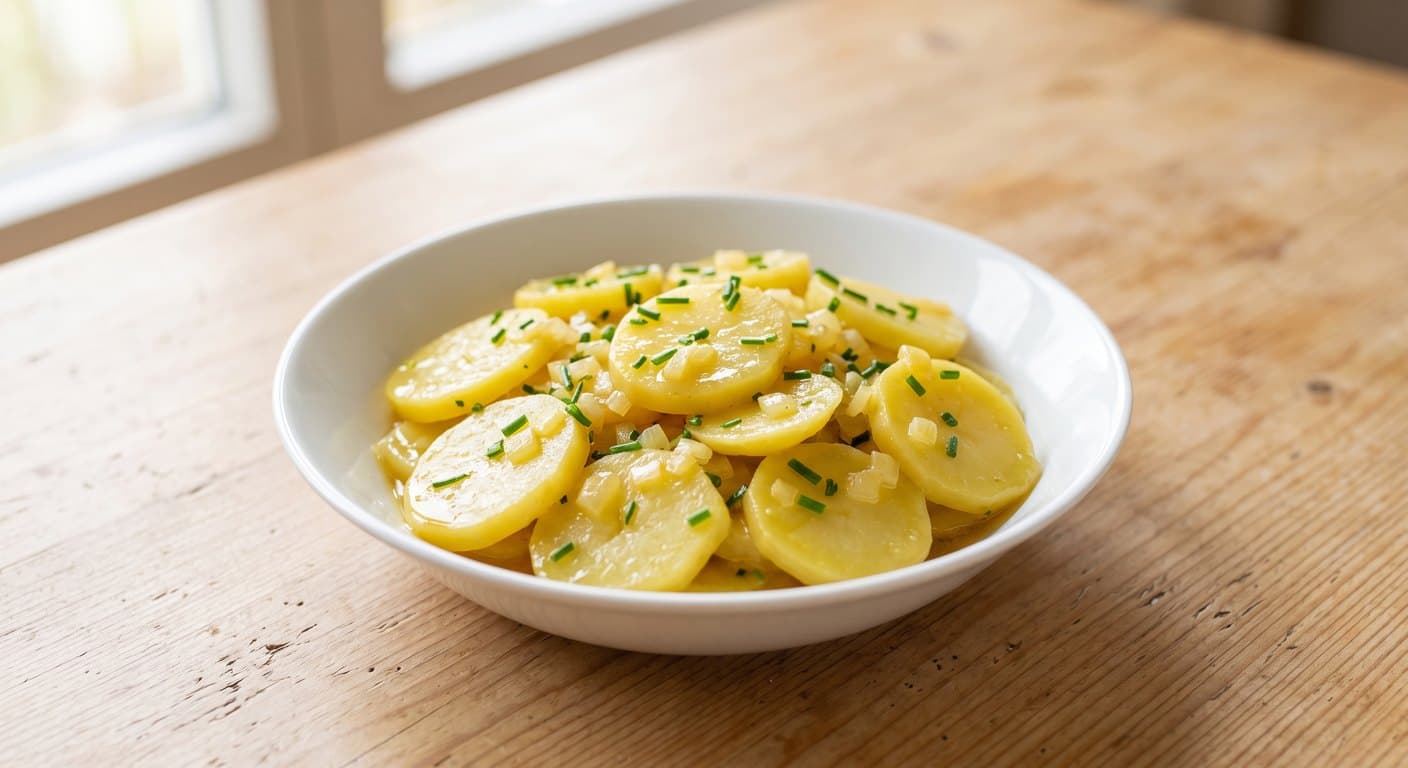 Eine Schüssel schwäbischer Kartoffelsalat: Kartoffelscheiben in klarer Marinade mit Zwiebelwürfeln und Schnittlauch.