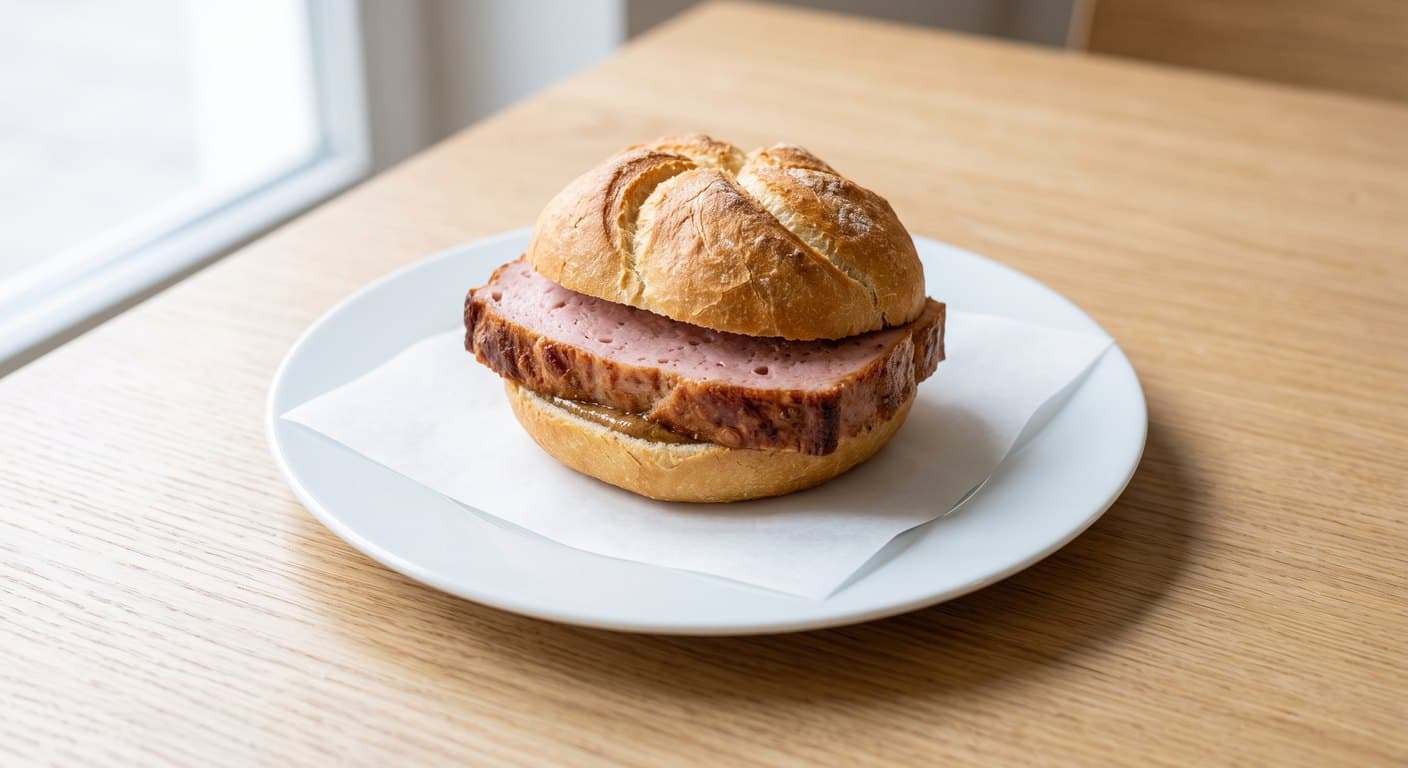 A thick slice of Bavarian Leberkäse in a crusty Kaiser roll on white paper.