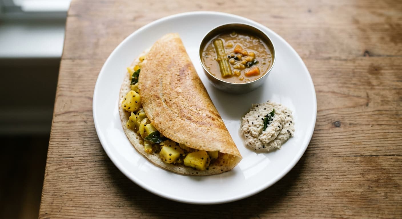 A plate photographed from above: one medium dosa with a potato filling, a bowl of sambar, and two tablespoons of coconut chutney.