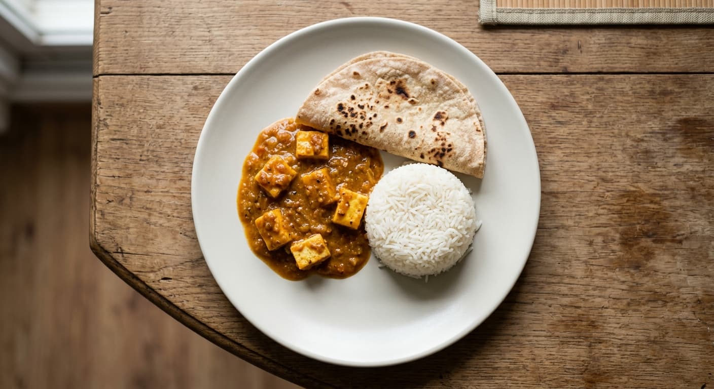 A plate photographed from above: a ladle of home-style paneer curry, a cupped handful of basmati rice and one chapati.
