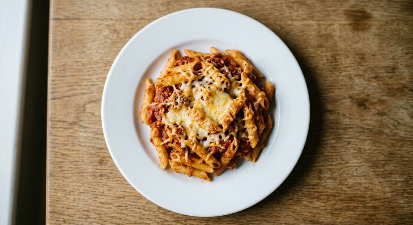 A plate photographed from above: about 180 g of cooked pasta, a ladle of tomato sauce, and a handful of grated cheese.