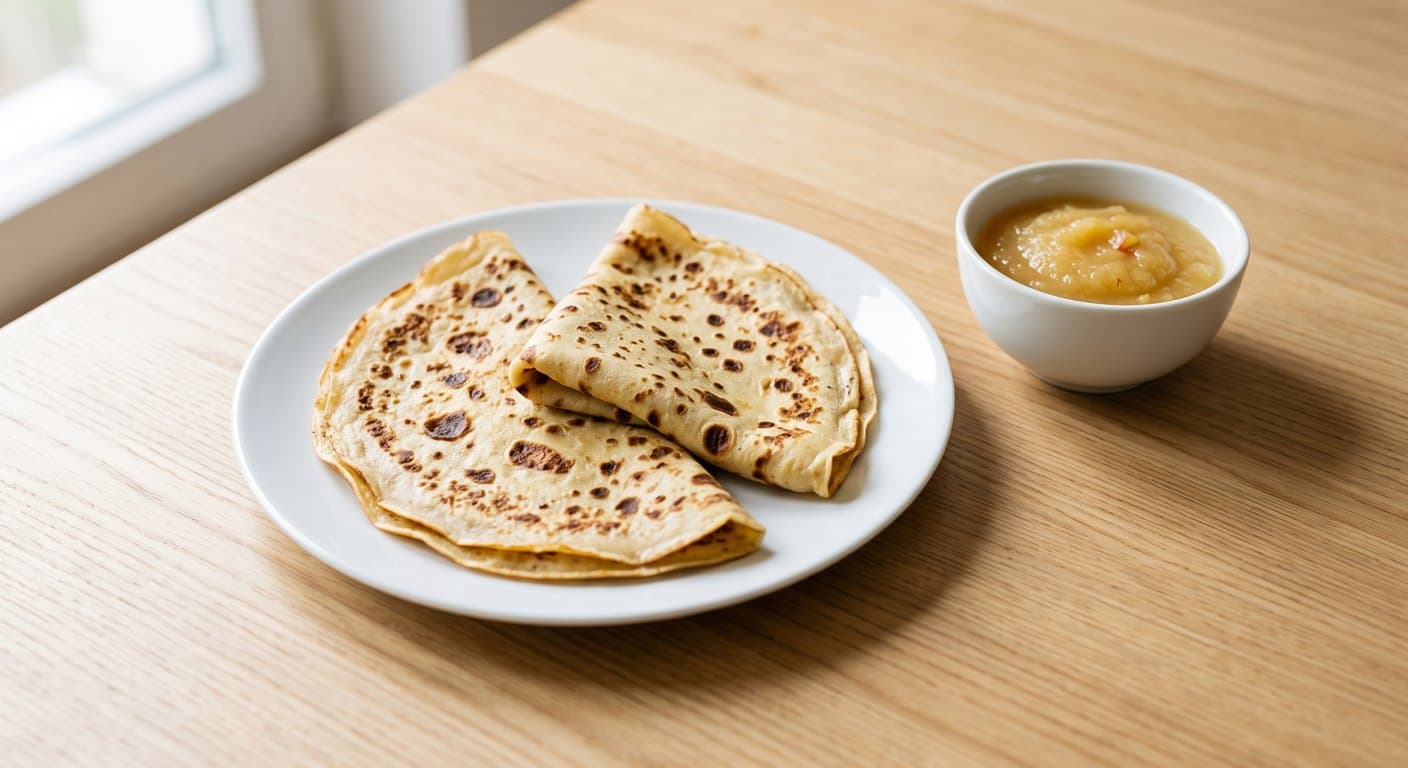 Two thin German pancakes folded into quarters on a white plate, with a small bowl of apple sauce.