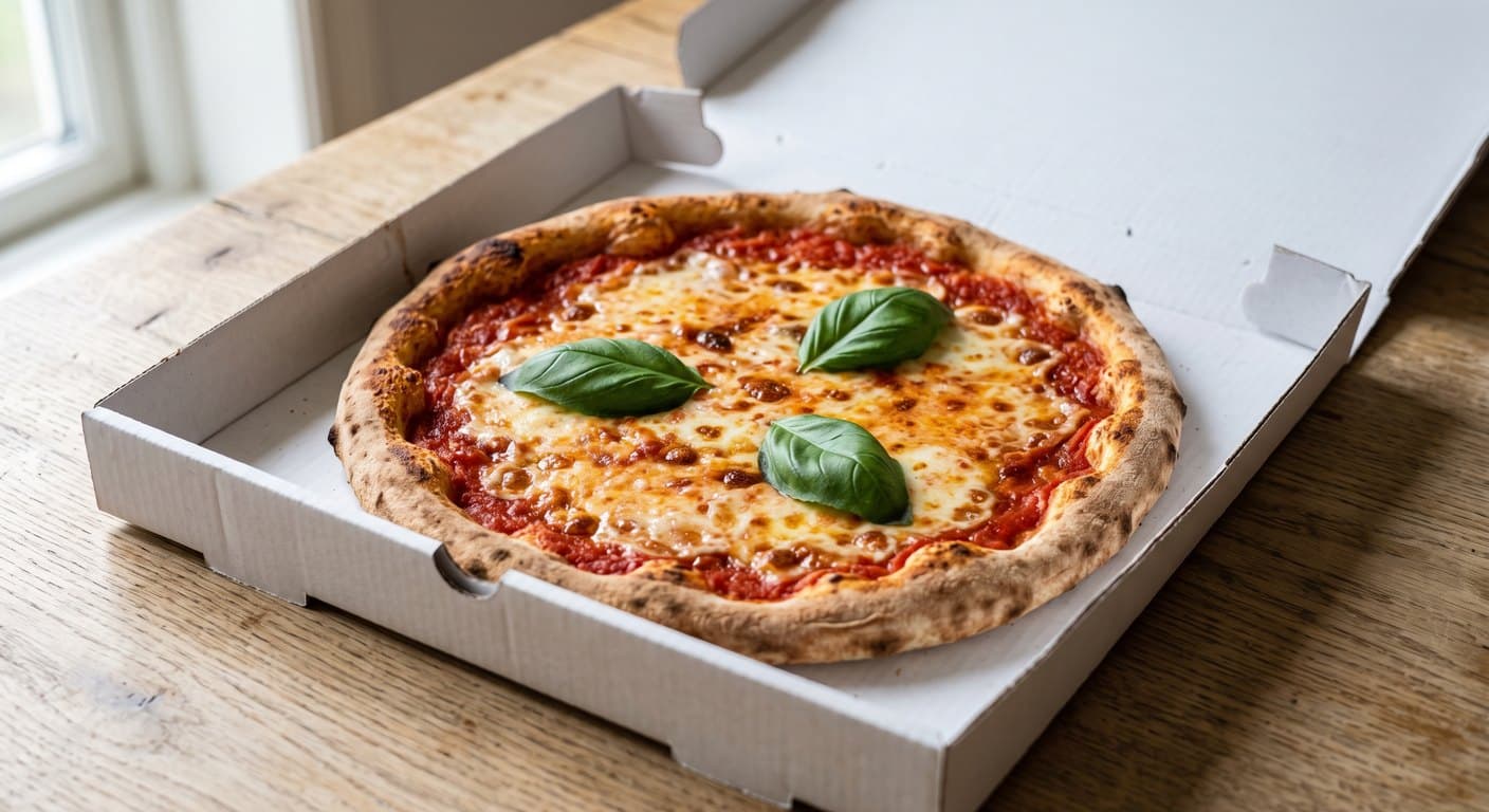 A whole 30 cm pizza Margherita in an open plain white delivery box, with tomato sauce, melted mozzarella and three basil leaves.