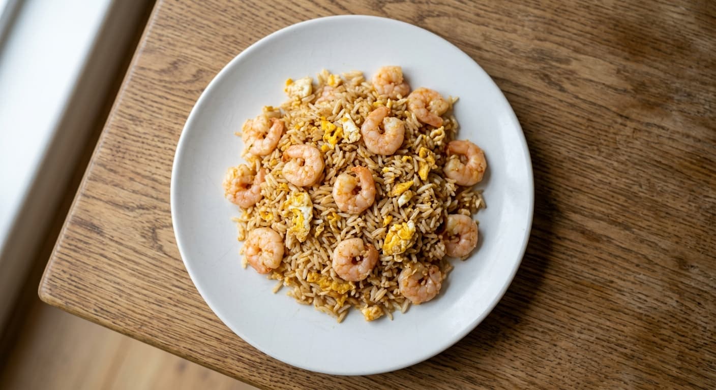 A plate photographed from above: about 150 g of cooked rice, 100 g of prawns, one egg, two tablespoons of stir-fry sauce and a tablespoon of oil.