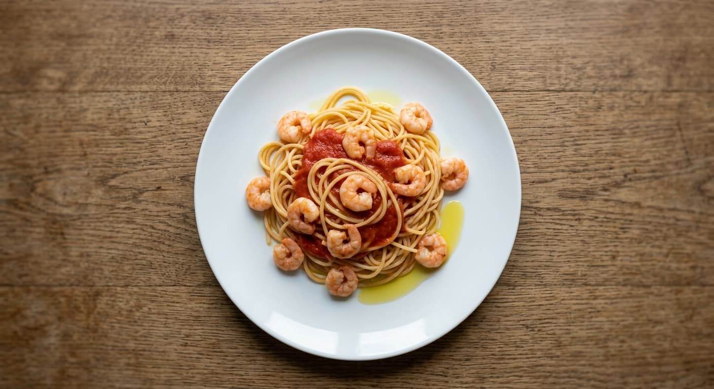 A plate photographed from above: about 180 g of cooked pasta, 100 g of prawns, a ladle of tomato sauce and a tablespoon of olive oil.