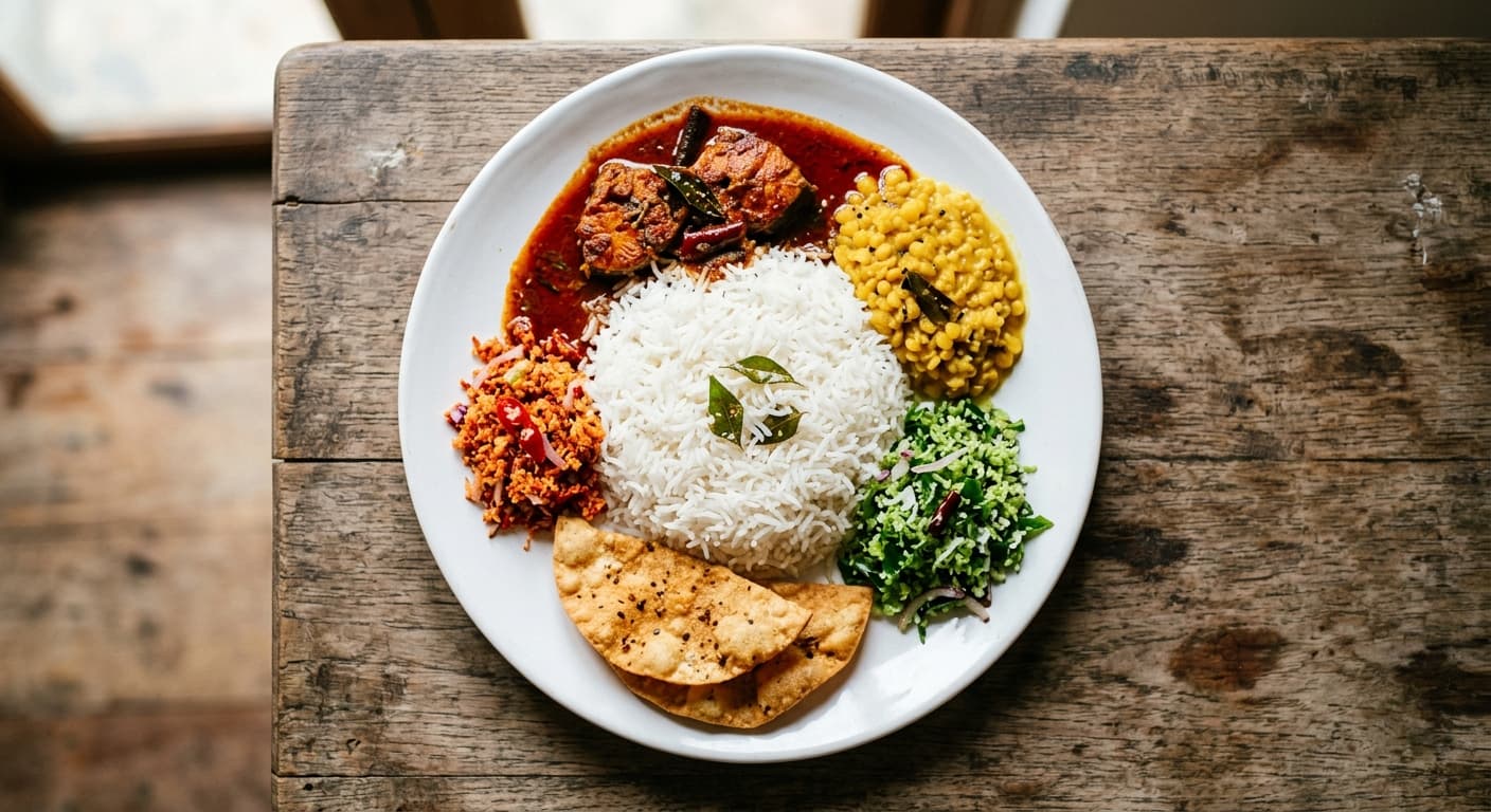 A Sri Lankan rice and curry plate: rice in the centre with a red fish curry, yellow dhal, green coconut mallung, red pol sambol and two fried papadums around it.