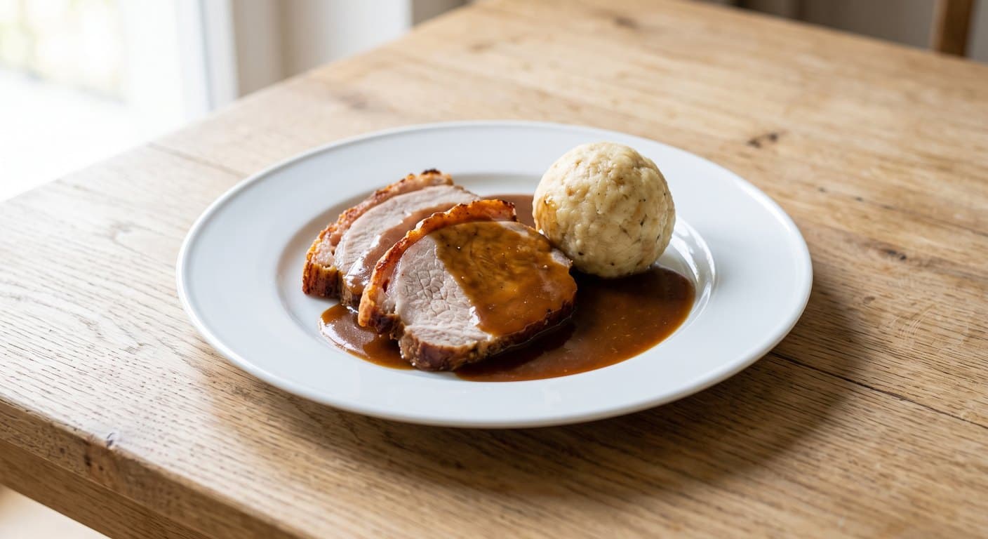 Two slices of roast pork with dark gravy and one bread dumpling on a white plate.