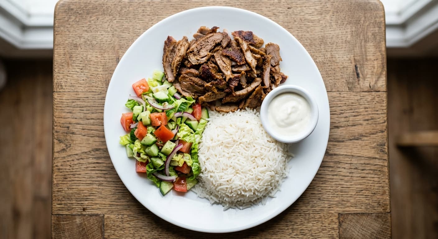 A shawarma plate: sliced spit-roasted lamb, plain basmati rice, a chopped tomato and cucumber salad, and a small bowl of garlic sauce.