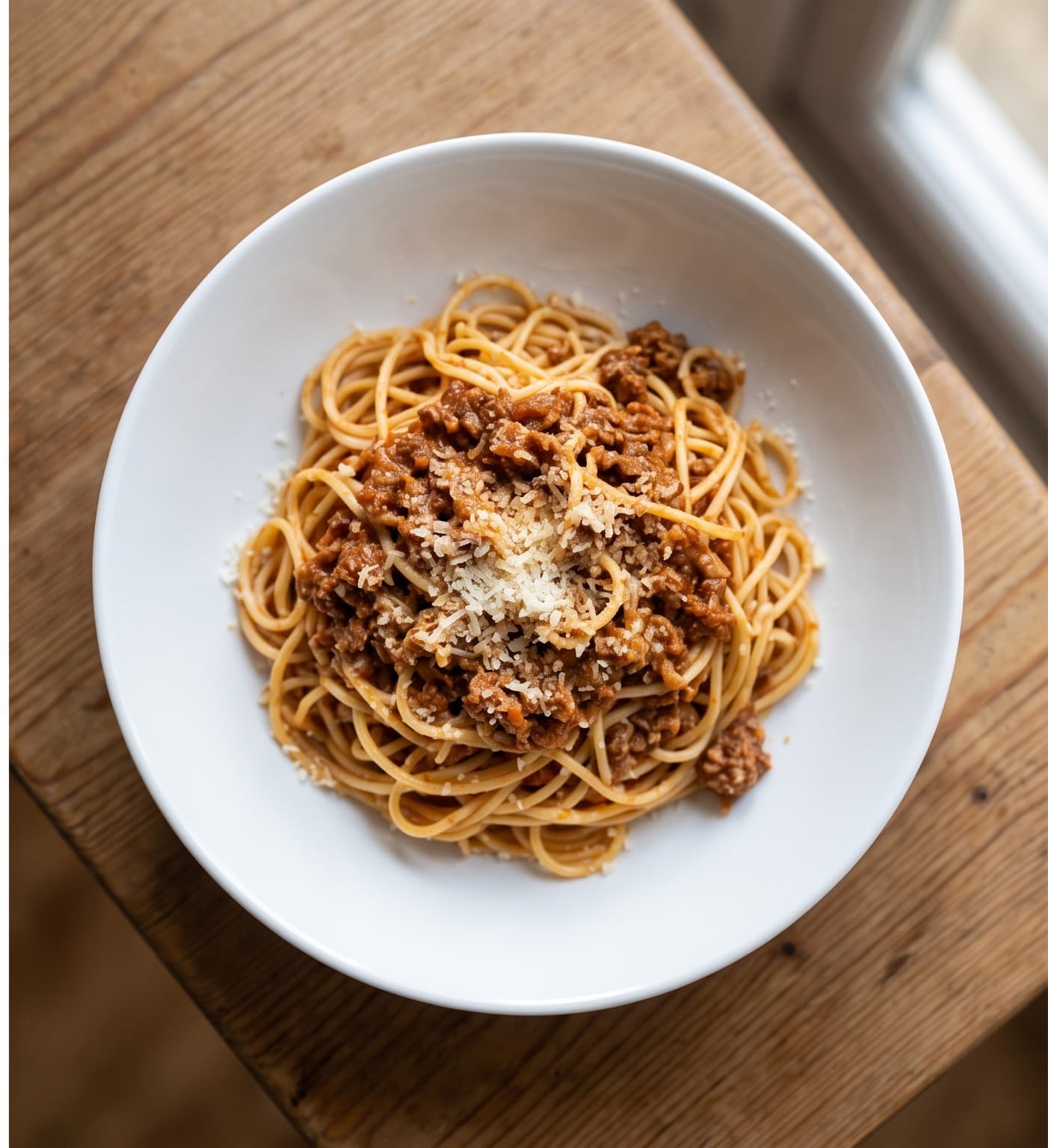 A white bowl of spaghetti with a meat ragu and a light scatter of grated cheese.
