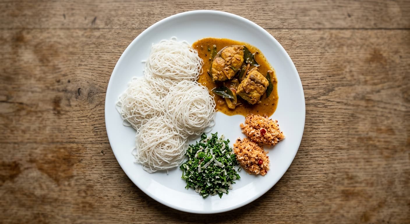 A plate photographed from above: five string hoppers, a ladle of fish curry, a spoon of mallung and two tablespoons of pol sambol.