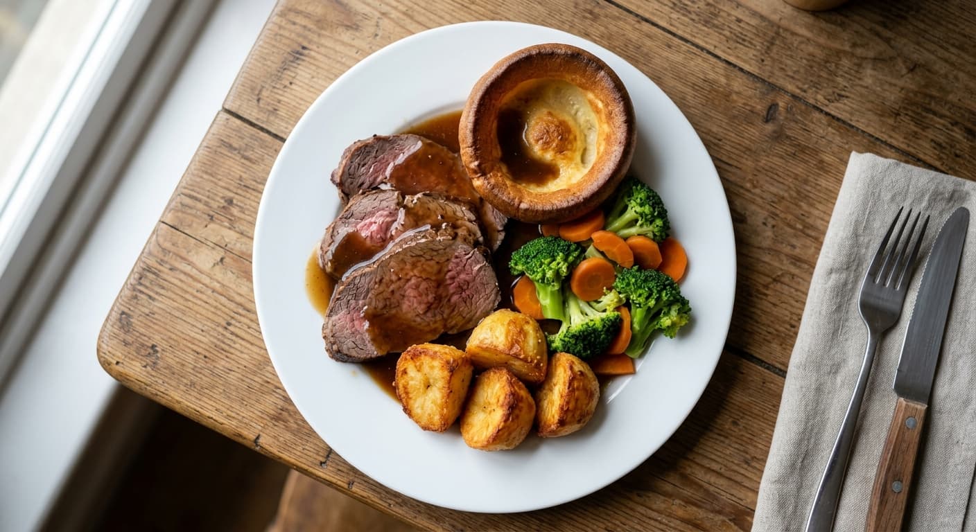 A Sunday roast plate: three slices of roast beef with gravy, four roast potatoes, a Yorkshire pudding, and boiled carrots and broccoli.