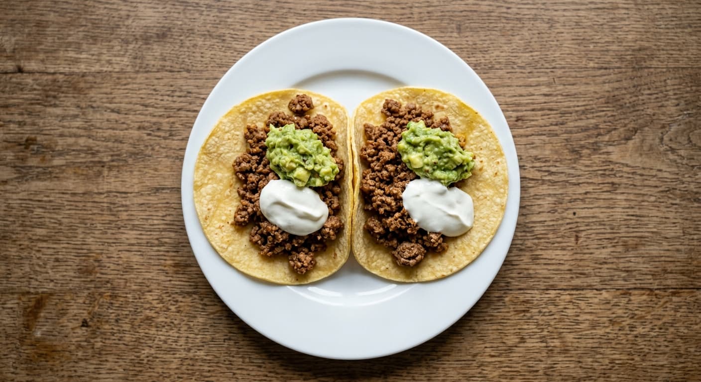 A plate photographed from above: two small corn tortillas, about 125 g of seasoned beef mince, two tablespoons of guacamole and two of sour cream.
