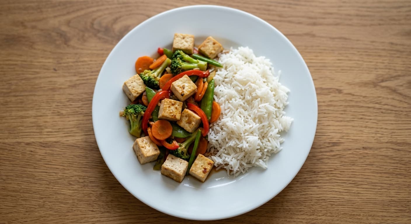 A plate photographed from above: about 120 g of firm tofu, 150 g of cooked rice, a portion of vegetables, two tablespoons of stir-fry sauce and a tablespoon of oil.