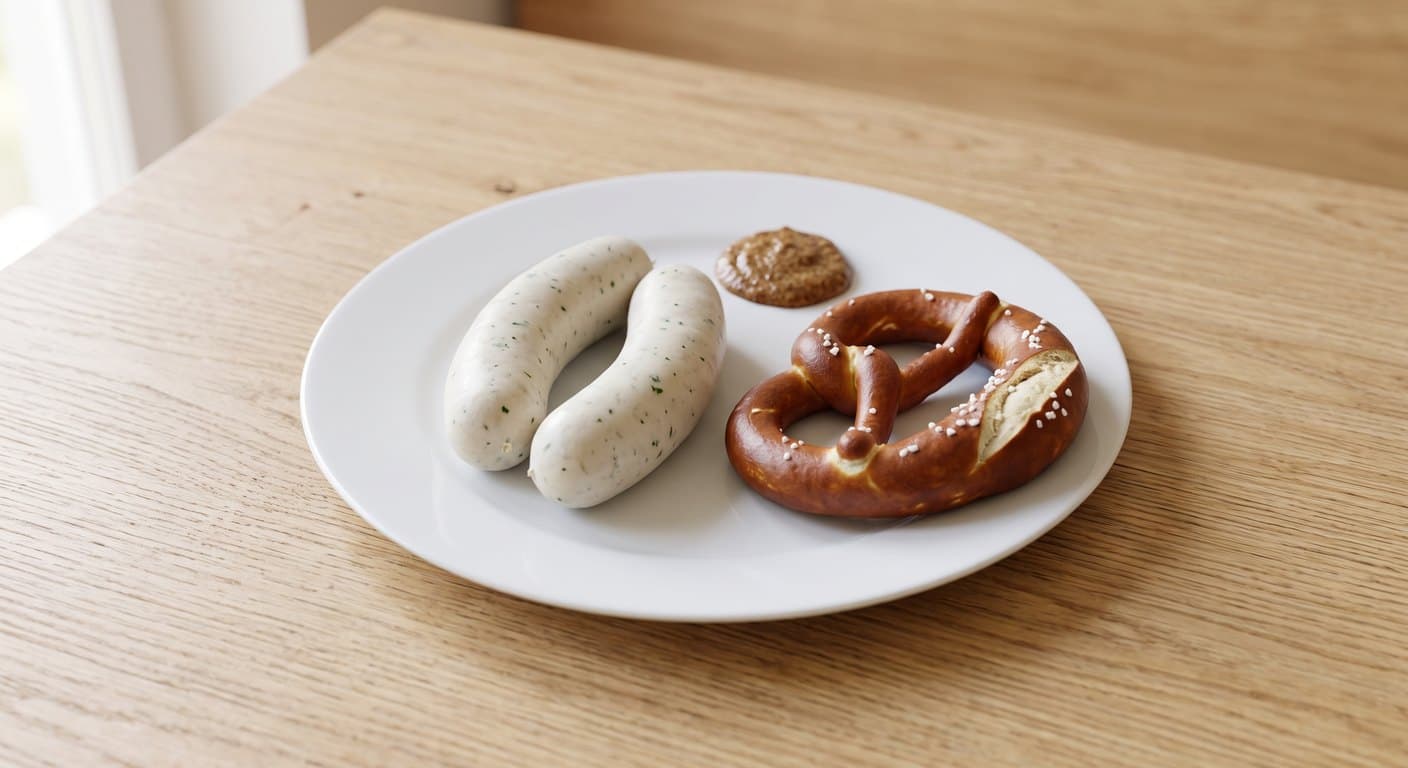 Two Munich Weißwürste, one pretzel and a dollop of sweet mustard on a white plate.