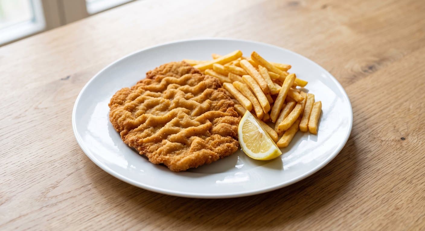 Ein paniertes Schnitzel mit einer Portion Pommes und einer Zitronenspalte auf einem weißen Teller.